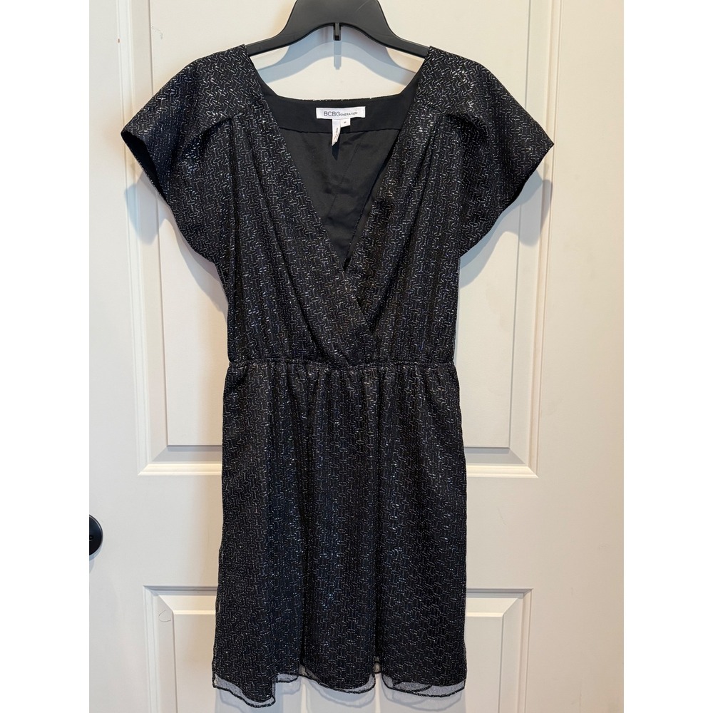 BCBGeneration Womens Black Silver Metallic Flutter Sleeve V-Neck Mini Dress Med